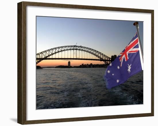 Australian Flag and Sydney Harbor Bridge at Dusk, Sydney, Australia-David Wall-Framed Photographic Print