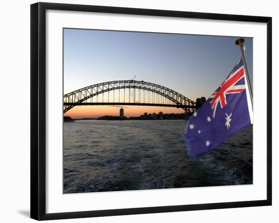Australian Flag and Sydney Harbor Bridge at Dusk, Sydney, Australia-David Wall-Framed Photographic Print