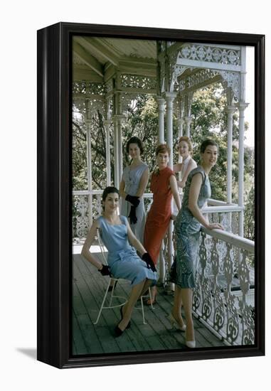 Australian Models Pose on a Porch, Melbourne, Australia, 1956-John Dominis-Framed Premier Image Canvas