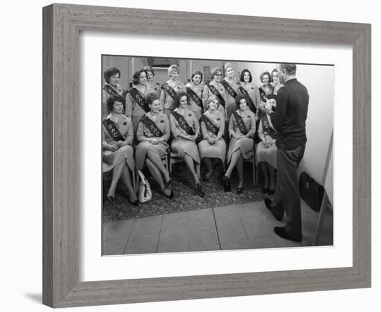Australian Sales Girls with Spl Sashes Listen to a Sales Talk, Selby, North Yorkshire, 1965-Michael Walters-Framed Photographic Print