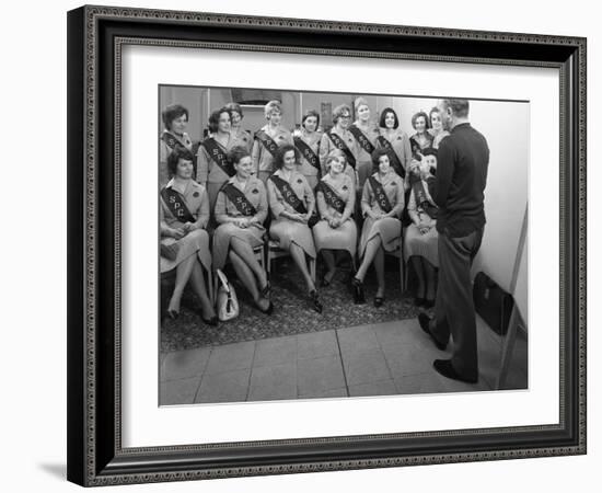 Australian Sales Girls with Spl Sashes Listen to a Sales Talk, Selby, North Yorkshire, 1965-Michael Walters-Framed Photographic Print