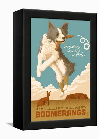 Australian Shepherd - Retro Boomerang Ad-Lantern Press-Framed Stretched Canvas