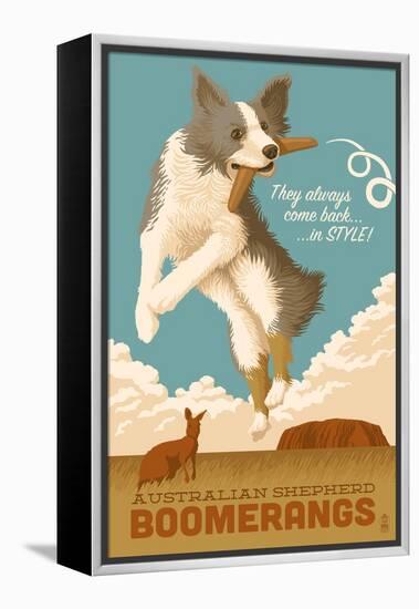 Australian Shepherd - Retro Boomerang Ad-Lantern Press-Framed Stretched Canvas