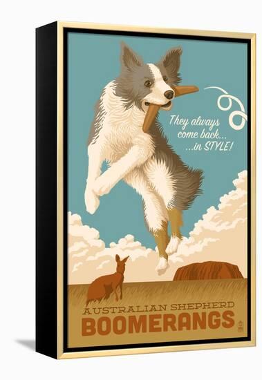 Australian Shepherd - Retro Boomerang Ad-Lantern Press-Framed Stretched Canvas