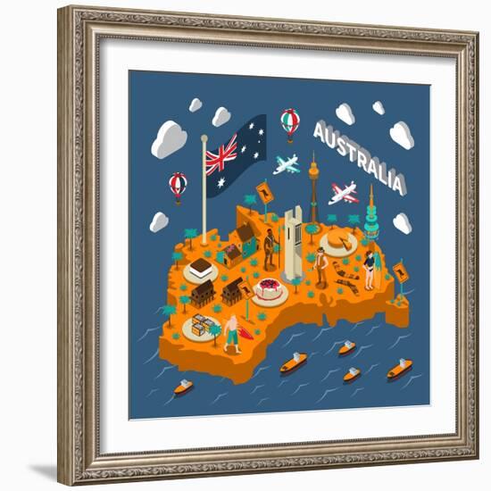 Australian Touristic Isometric Map with National Cuisine Landmarks Wildlife Popular Sport and Surfe-Macrovector-Framed Art Print