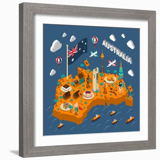 Australian Touristic Isometric Map with National Cuisine Landmarks Wildlife Popular Sport and Surfe-Macrovector-Framed Art Print