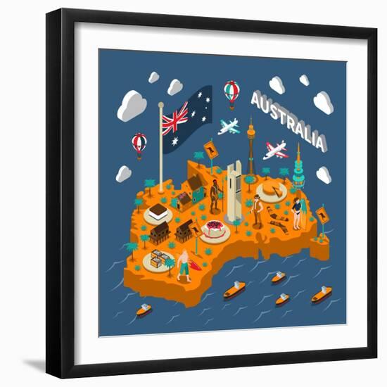 Australian Touristic Isometric Map with National Cuisine Landmarks Wildlife Popular Sport and Surfe-Macrovector-Framed Art Print