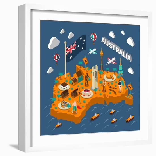 Australian Touristic Isometric Map with National Cuisine Landmarks Wildlife Popular Sport and Surfe-Macrovector-Framed Art Print