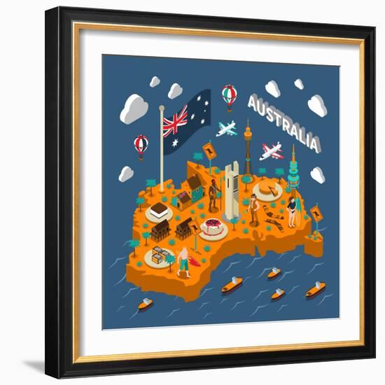 Australian Touristic Isometric Map with National Cuisine Landmarks Wildlife Popular Sport and Surfe-Macrovector-Framed Art Print