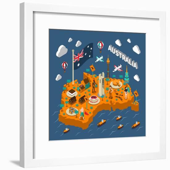 Australian Touristic Isometric Map with National Cuisine Landmarks Wildlife Popular Sport and Surfe-Macrovector-Framed Premium Giclee Print