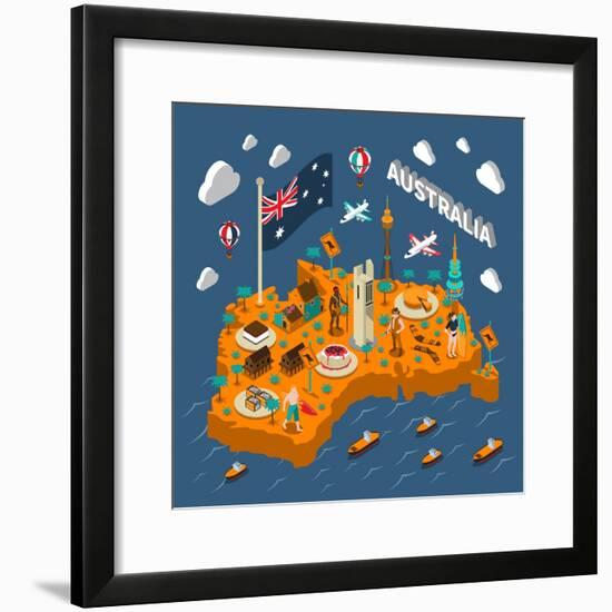Australian Touristic Isometric Map with National Cuisine Landmarks Wildlife Popular Sport and Surfe-Macrovector-Framed Premium Giclee Print