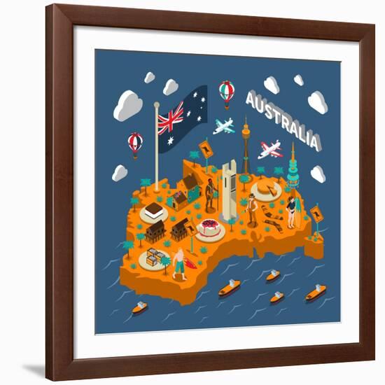 Australian Touristic Isometric Map with National Cuisine Landmarks Wildlife Popular Sport and Surfe-Macrovector-Framed Art Print