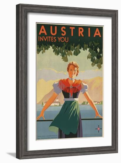 Austria Invites You! 1934 Travel Poster Shows Young Woman in Front of Village and Mountains-null-Framed Art Print