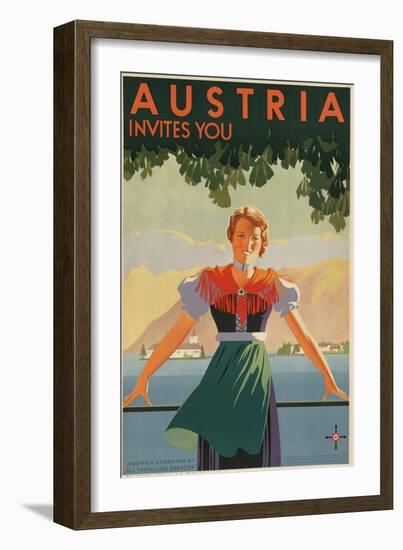 Austria Invites You! 1934 Travel Poster Shows Young Woman in Front of Village and Mountains-null-Framed Art Print