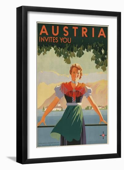 Austria Invites You! 1934 Travel Poster Shows Young Woman in Front of Village and Mountains-null-Framed Art Print