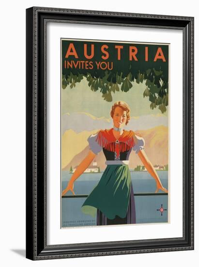 Austria Invites You! 1934 Travel Poster Shows Young Woman in Front of Village and Mountains-null-Framed Art Print