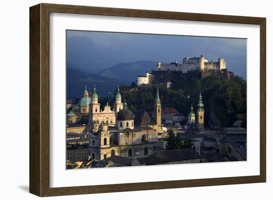 Austria, Salzburg. Overview of city beneath Hohensalzburg Fortress.-Jaynes Gallery-Framed Photographic Print