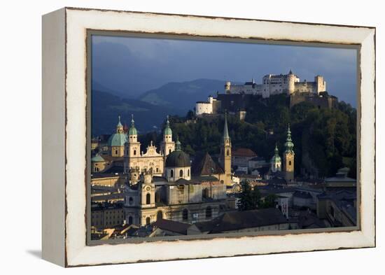 Austria, Salzburg. Overview of city beneath Hohensalzburg Fortress.-Jaynes Gallery-Framed Premier Image Canvas