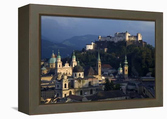 Austria, Salzburg. Overview of city beneath Hohensalzburg Fortress.-Jaynes Gallery-Framed Premier Image Canvas