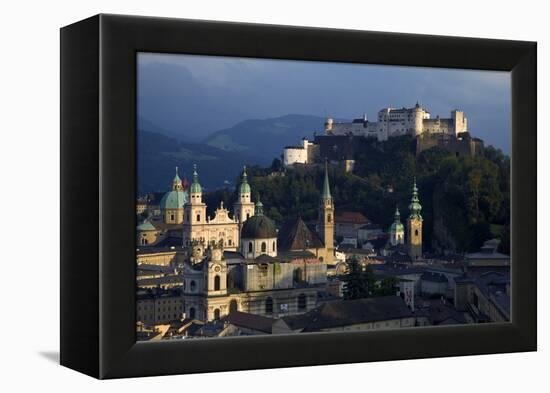 Austria, Salzburg. Overview of city beneath Hohensalzburg Fortress.-Jaynes Gallery-Framed Premier Image Canvas