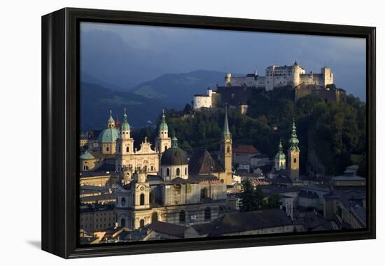 Austria, Salzburg. Overview of city beneath Hohensalzburg Fortress.-Jaynes Gallery-Framed Premier Image Canvas