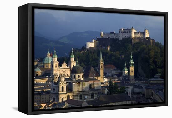 Austria, Salzburg. Overview of city beneath Hohensalzburg Fortress.-Jaynes Gallery-Framed Premier Image Canvas