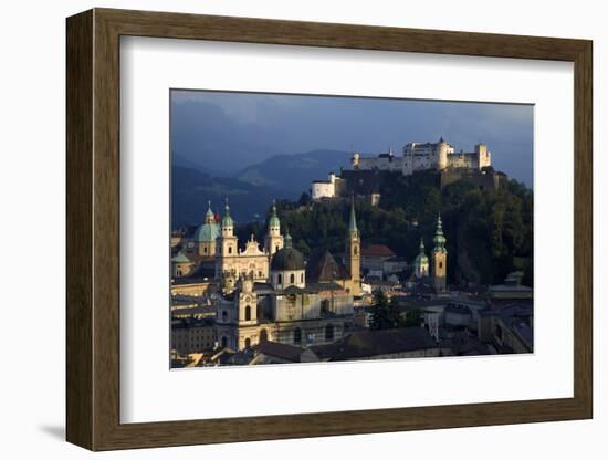 Austria, Salzburg. Overview of city beneath Hohensalzburg Fortress.-Jaynes Gallery-Framed Photographic Print