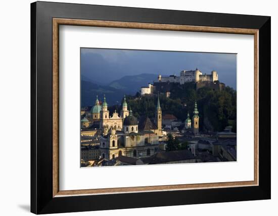 Austria, Salzburg. Overview of city beneath Hohensalzburg Fortress.-Jaynes Gallery-Framed Photographic Print