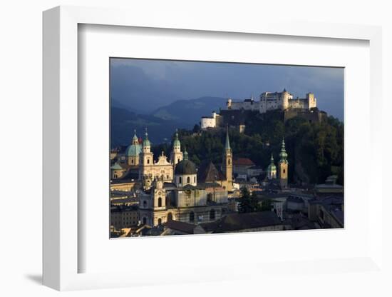 Austria, Salzburg. Overview of city beneath Hohensalzburg Fortress.-Jaynes Gallery-Framed Photographic Print