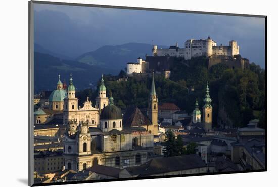 Austria, Salzburg. Overview of city beneath Hohensalzburg Fortress.-Jaynes Gallery-Mounted Photographic Print