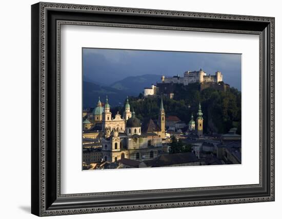 Austria, Salzburg. Overview of city beneath Hohensalzburg Fortress.-Jaynes Gallery-Framed Photographic Print