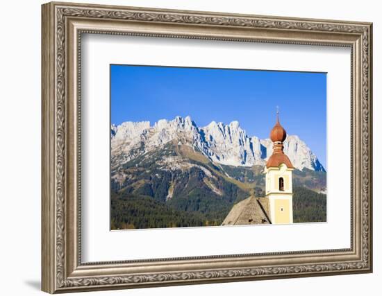 Austria, Tyrol, Going, Steeple, Mountains, Wilder Kaiser-Frank Lukasseck-Framed Photographic Print