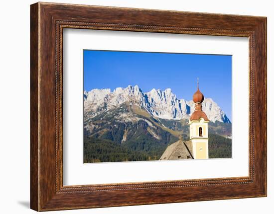 Austria, Tyrol, Going, Steeple, Mountains, Wilder Kaiser-Frank Lukasseck-Framed Photographic Print