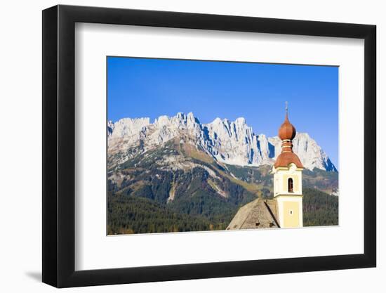 Austria, Tyrol, Going, Steeple, Mountains, Wilder Kaiser-Frank Lukasseck-Framed Photographic Print