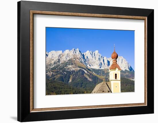 Austria, Tyrol, Going, Steeple, Mountains, Wilder Kaiser-Frank Lukasseck-Framed Photographic Print