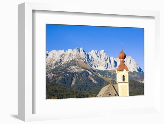 Austria, Tyrol, Going, Steeple, Mountains, Wilder Kaiser-Frank Lukasseck-Framed Photographic Print