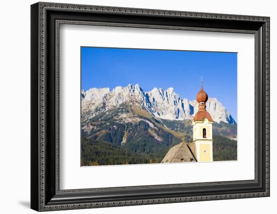 Austria, Tyrol, Going, Steeple, Mountains, Wilder Kaiser-Frank Lukasseck-Framed Photographic Print