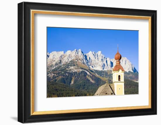 Austria, Tyrol, Going, Steeple, Mountains, Wilder Kaiser-Frank Lukasseck-Framed Photographic Print