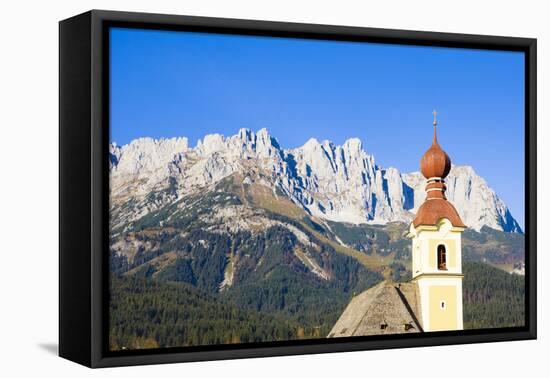 Austria, Tyrol, Going, Steeple, Mountains, Wilder Kaiser-Frank Lukasseck-Framed Premier Image Canvas