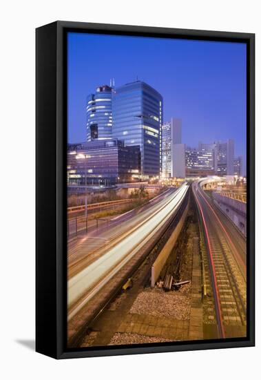 Austria, Vienna, Donau-City, Donau-City, City View, Evening-Mood, Light-Tracks, Streets-Rainer Mirau-Framed Premier Image Canvas