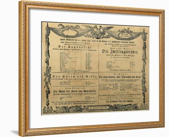 Austria, Vienna, Poster of Franz Schubert's Operetta the Twin Brothers, June 14, 1820-null-Framed Giclee Print