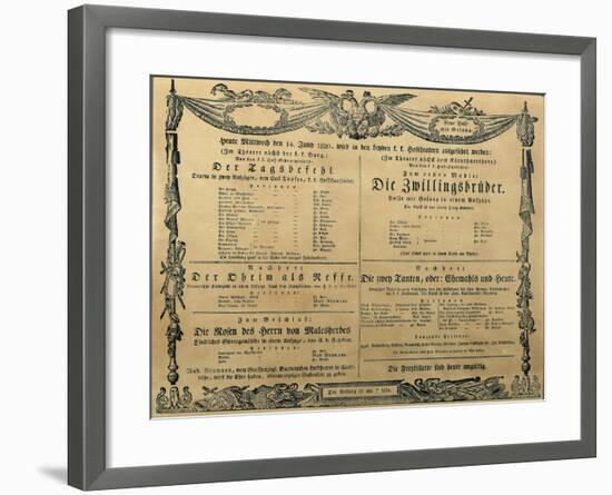 Austria, Vienna, Poster of Franz Schubert's Operetta the Twin Brothers, June 14, 1820-null-Framed Giclee Print