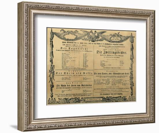 Austria, Vienna, Poster of Franz Schubert's Operetta the Twin Brothers, June 14, 1820-null-Framed Giclee Print