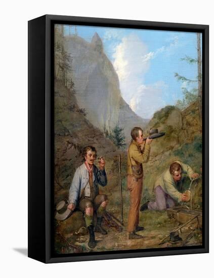 Austrian Hikers Resting and Gathering Spring Water in the Purgstall Mountains-Rudolf Swoboda Der Ältere-Framed Premier Image Canvas