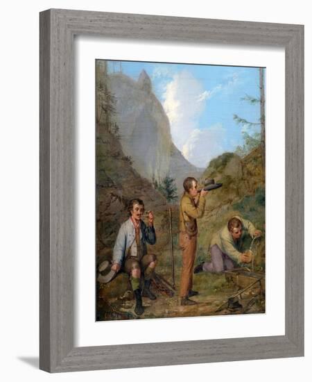 Austrian Hikers Resting and Gathering Spring Water in the Purgstall Mountains-Rudolf Swoboda Der Ältere-Framed Giclee Print