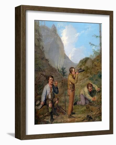 Austrian Hikers Resting and Gathering Spring Water in the Purgstall Mountains-Rudolf Swoboda Der Ältere-Framed Giclee Print