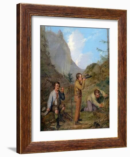 Austrian Hikers Resting and Gathering Spring Water in the Purgstall Mountains-Rudolf Swoboda Der Ältere-Framed Giclee Print