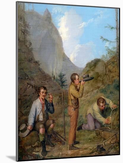 Austrian Hikers Resting and Gathering Spring Water in the Purgstall Mountains-Rudolf Swoboda Der Ältere-Mounted Giclee Print