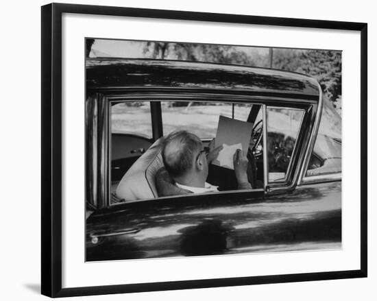 Author Vladimir Nabokov at Work, Writing on Index Cards in His Car-Carl Mydans-Framed Premium Photographic Print