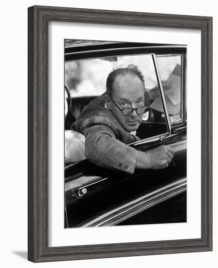 Author Vladimir Nabokov Looking Out Car Window. He Likes to Work in the Car, Writing on Index Cards-Carl Mydans-Framed Premium Photographic Print